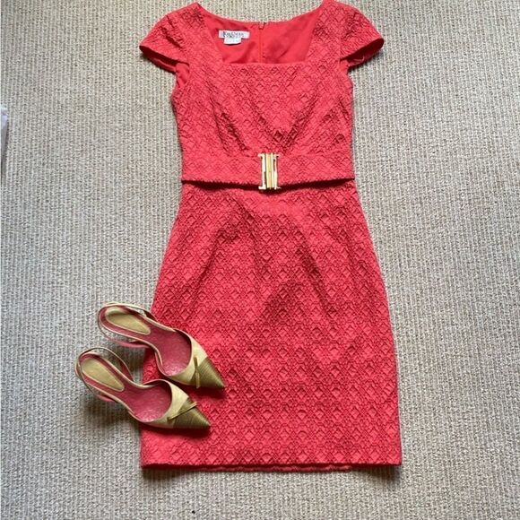 Kay Unger Deep Coral Textured Gold Belted Dress - Picture 4 of 16